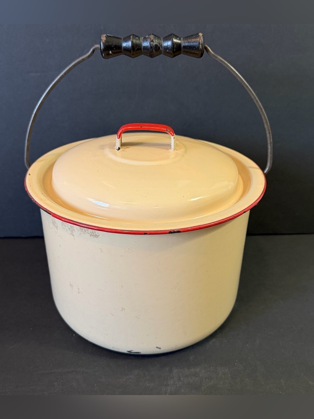 Vintage Tan & Red Trim Porcelain Enamel Cookware Pot Farmhouse Rustic Lid Chippy